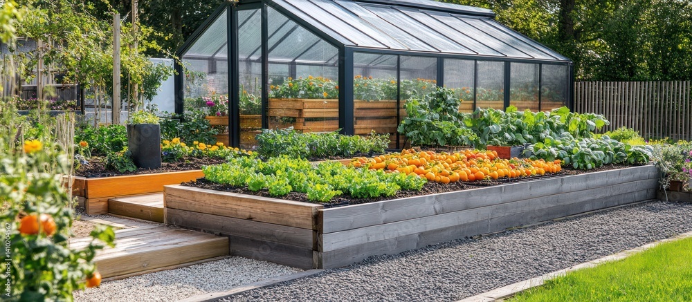 Obraz premium A beautiful garden with raised beds and a greenhouse