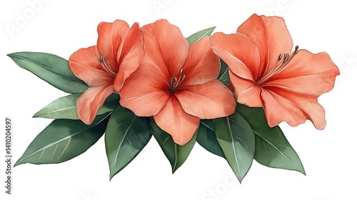 Three Coral Azalea Blooms with Lush Green Leaves