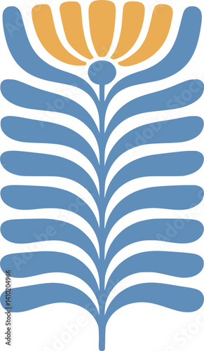 Scandinavian Folk Art Flower SVG in Blue and Yellow, Symmetrical Stencil-Friendly Vector with Long Stem