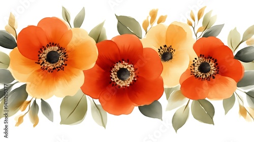 Watercolor painting of orange and yellow flowers with green leaves