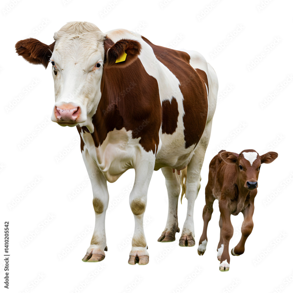 Brown and white spotted cow looking alert beside another cow Brown and white spotted cow looking alert beside another cow