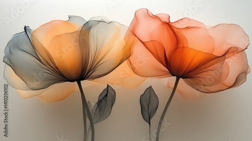 Delicate translucent flowers with soft orange and gray hues
