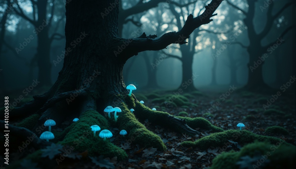 Fototapeta premium Ancient beech trees, luminous moss, glowing fungi, decaying leaves, shadowed glade, emerald green, sapphire hues.