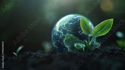 Clevel team exploring sustainability strategy with holographic earth and data points, green tech focus, 3D illustration photo