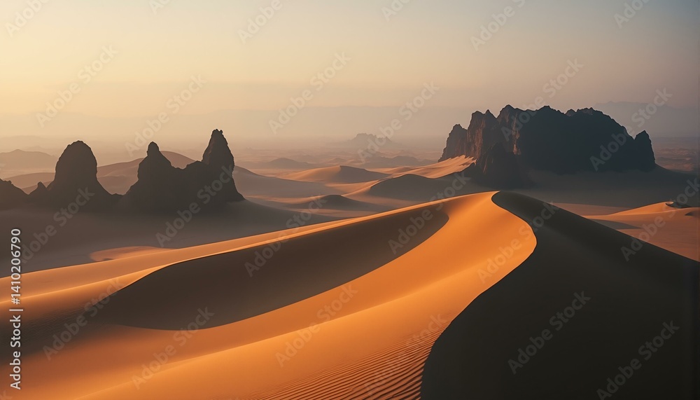 Fototapeta premium Vast sand dunes ripple under a blue sky, featuring ochre, sienna, black rocks, and golden light.