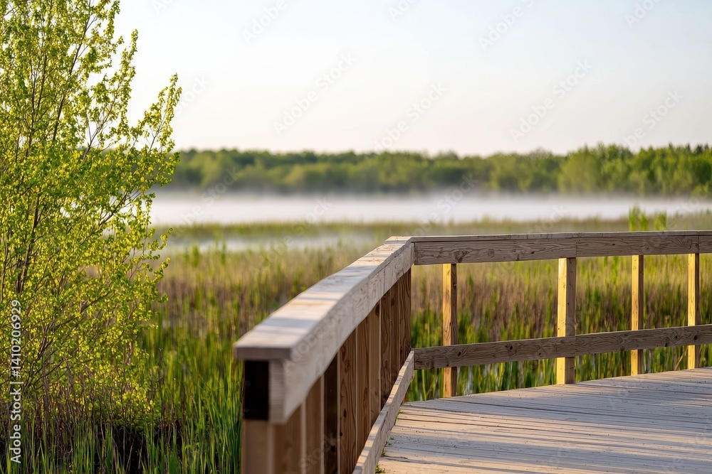 Obraz premium Serene Morning View of Wetland with Wooden Boardwalk and Fog