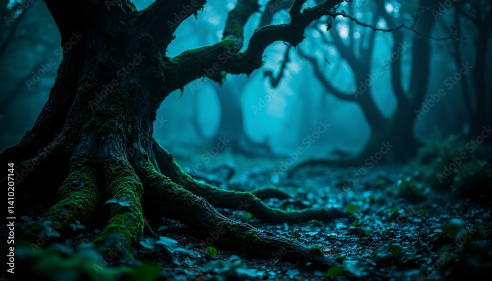 Fototapeta premium Ancient ironwood trees in a twilight forest with moss, fungi, and shimmering webs.