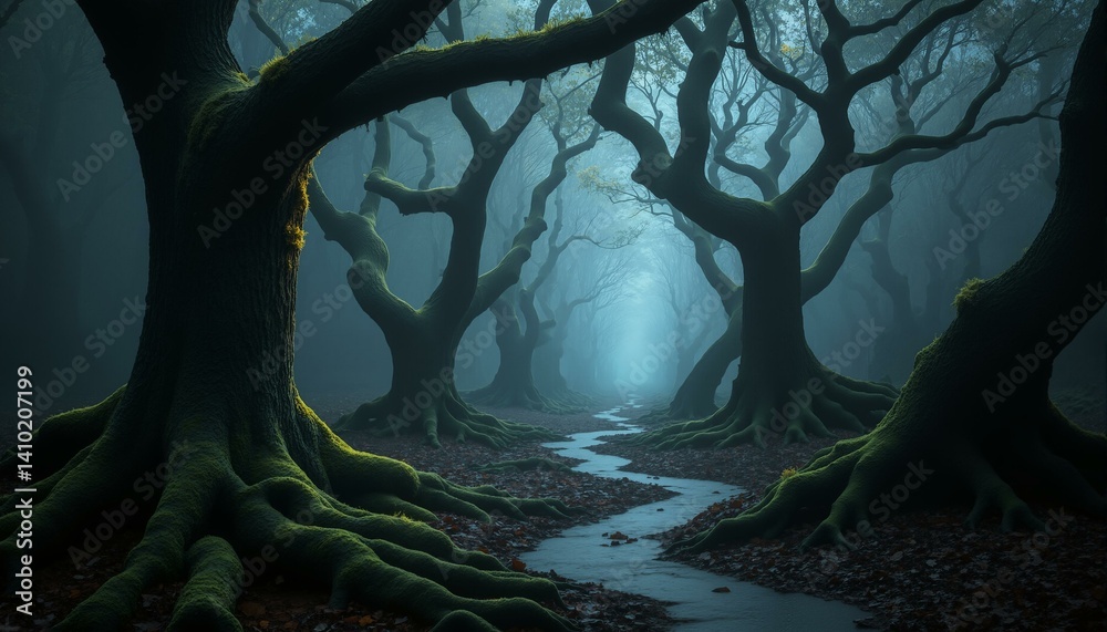 Obraz premium Ancient beech trees covered in moss form a twilight canopy over a forest floor of leaves and glowing fungi.