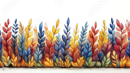 Watercolor Painting of Colorful Autumn Leaves and Plants