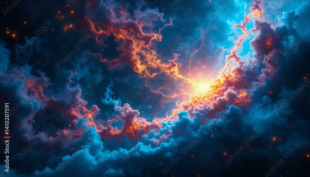Cosmic nebula displays swirling dust clouds in blues, magentas, golds, and bronzes within space. Cosmic nebula displays swirling dust clouds in blues, magentas, golds, and bronzes within space.