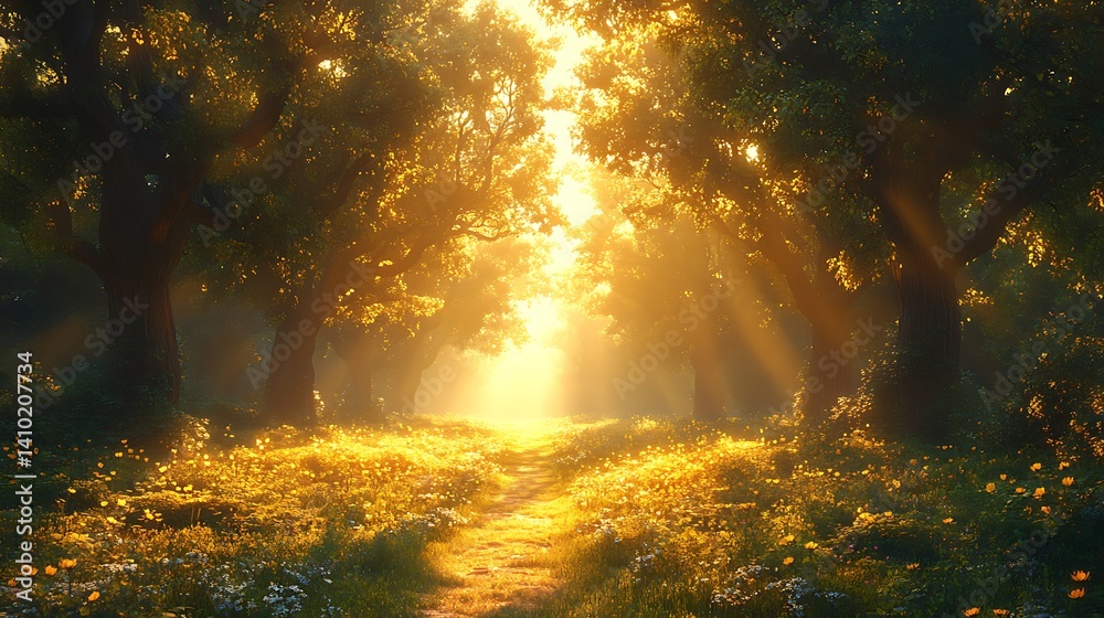 Fototapeta premium Magical Forest Pathway Illuminated by Sunlight and Blooming Flowers