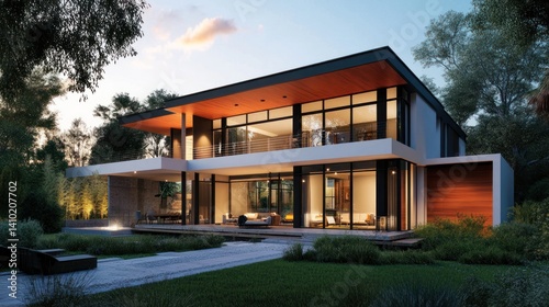 Modern luxury home with expansive windows and lush landscaping design