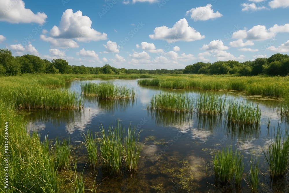Serene wetland with lush greenery and blue sky clouds Serene wetland with lush greenery and blue sky clouds