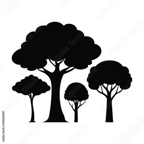 Black Silhouette Tree Illustration – Isolated Nature Element with Branches, Roots and Seasonal Variations	
