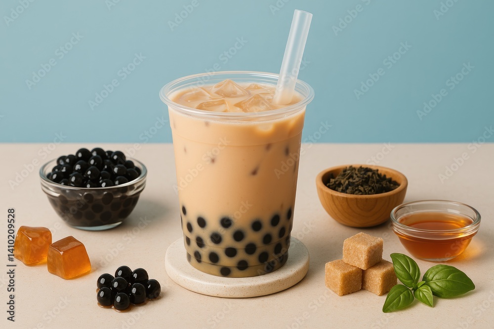 Iced bubble tea with black tapioca pearls and ingredients on table Iced bubble tea with black tapioca pearls and ingredients on table