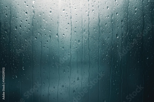Rain droplets on glass window, creating vertical streaks