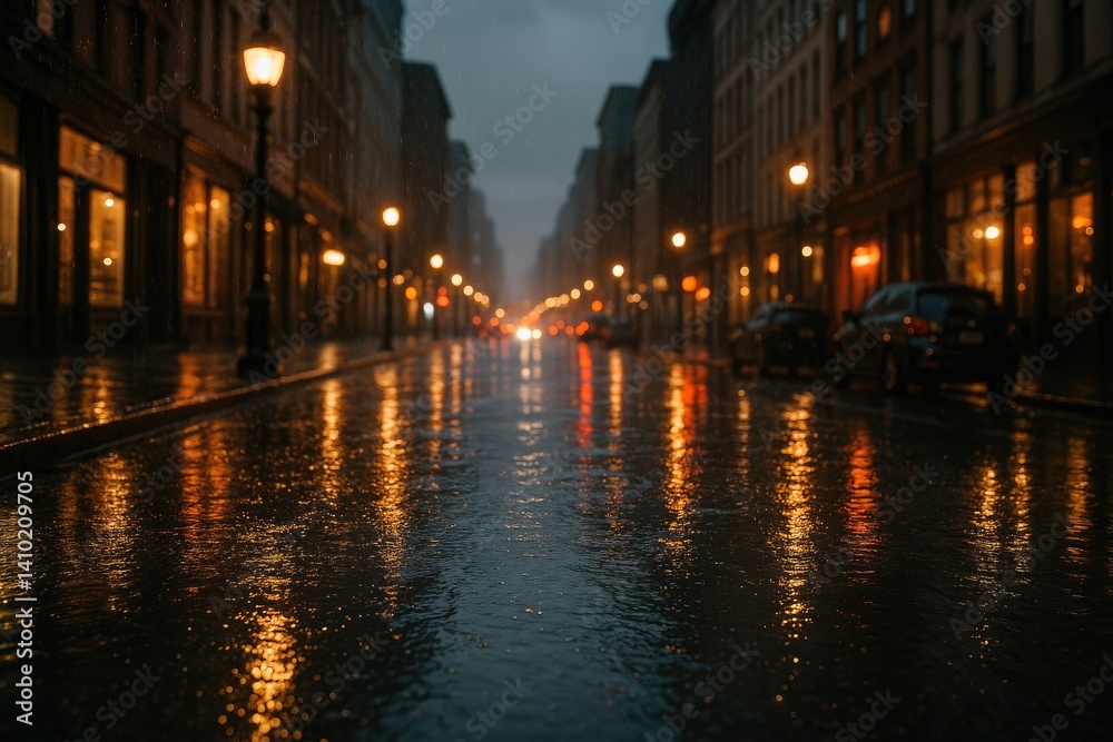 Fototapeta premium Rainy night on city street with wet pavement illuminated by streetlights