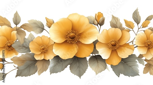 Golden Yellow Roses and Gray Leaves Floral Border