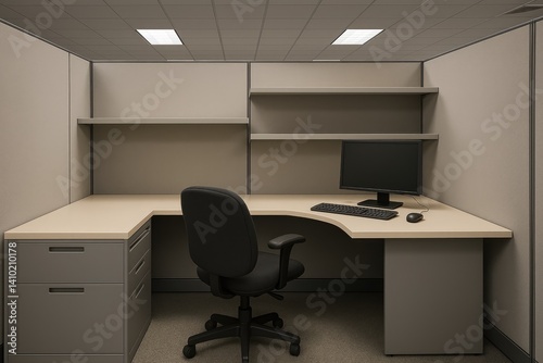 Empty office cubicle with desk, computer, chair, and shelves