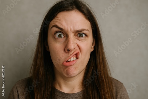 Woman making silly, confused facial expression against plain background