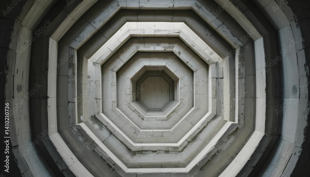 Fototapeta premium Top-down shot of concentric geometric forms carved in concrete, high contrast light and shadow, brutalist minimalism.