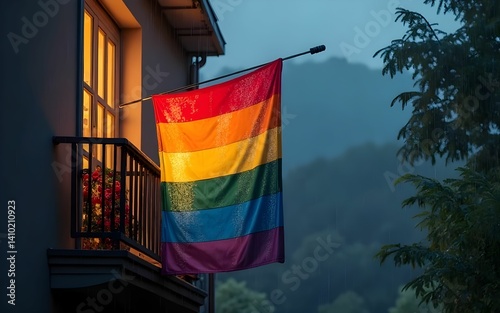 Rainbow flag on a balcony with flowers against a misty mountain backdrop at dusk.