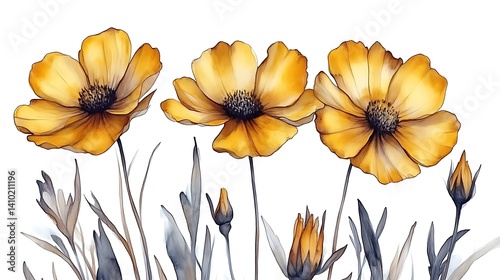 Three Golden Yellow Flowers with Gray Green Foliage