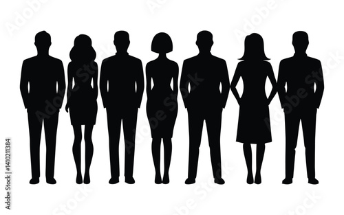 Vector silhouettes of men and a women, a group of standing business people, black color isolated on white background