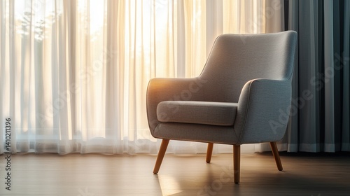 Cozy reading nook with soft armchair sunlight filtering through sheer curtains peaceful and serene atmosphere close-up capture