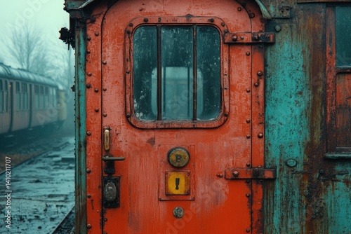 Old red train car door with window detail at a train station.