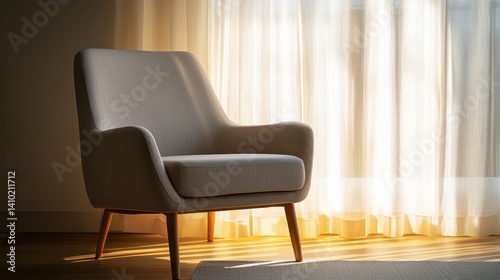 Cozy reading nook with soft armchair sunlight filtering through sheer curtains peaceful and serene atmosphere close-up capture