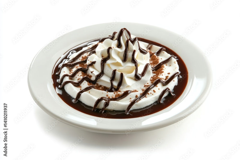 Dessert in white bowl with whipped cream and chocolate syrup on white background. Dessert in white bowl with whipped cream and chocolate syrup on white background.