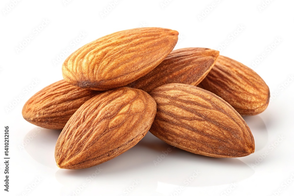 A collection of healthy raw almonds, perfectly captured on a clean white backdrop. A collection of healthy raw almonds, perfectly captured on a clean white backdrop.