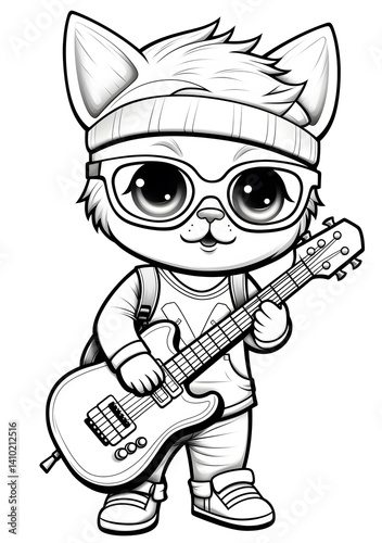 Cute, kawaii cat playing guitar coloring page. Black vintage drawing