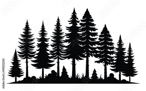 Black Silhouette Tree Illustration – Isolated Nature Element with Branches, Roots and Seasonal Variations	
