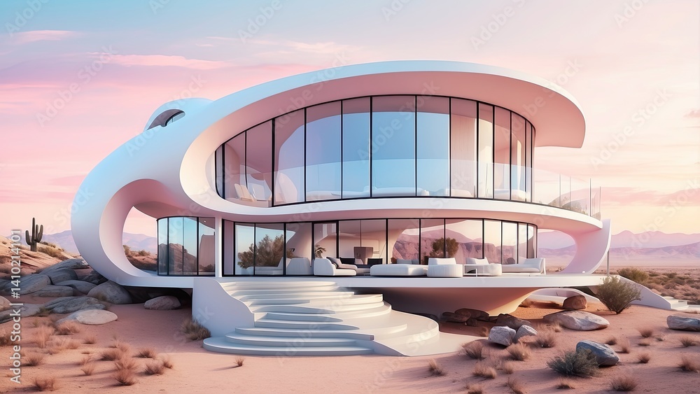 Naklejka premium a rendering of a futuristic house with a staircase leading to the second floor