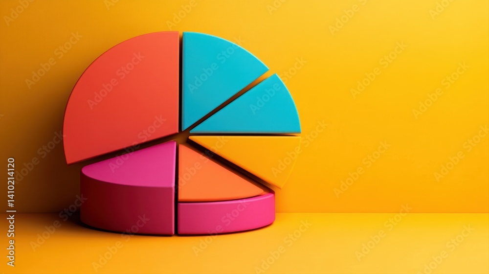 Fototapeta premium Colorful 3D Pie Chart with Vibrant Sections on Bright Yellow Background for Business Analytics or Presentations
