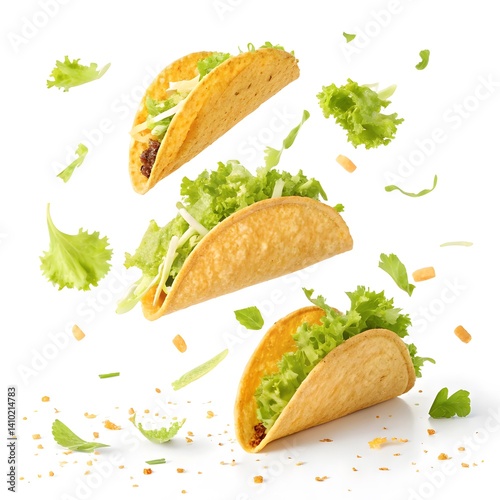 flying taco shells floating shredded lettuce on white background 