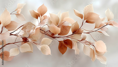 Delicate beige and brown leaves branch on white background