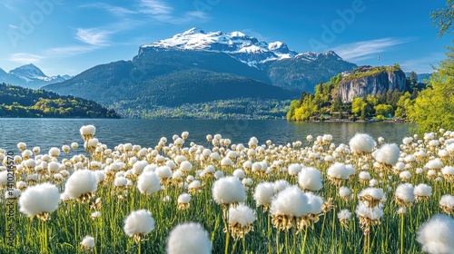 Scenic alpine lake with cottony flowers and snow-capped mountains.