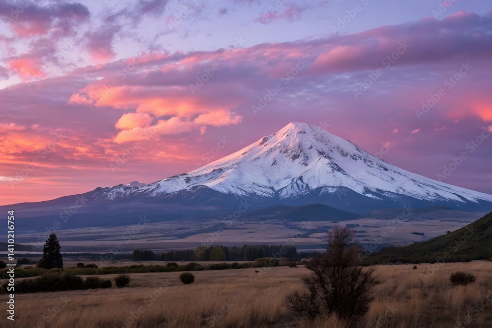 snowcapped mountain at sunset with pink and purple view snowcapped mountain at sunset with pink and purple view
