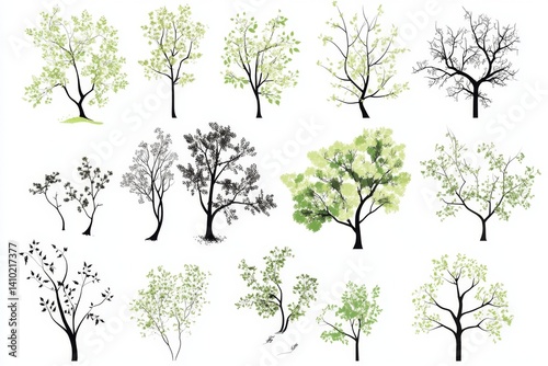 Variety of stylized tree illustrations.  Different shapes and shades of foliage depicted.  Suitable for backgrounds, patterns, or illustrations