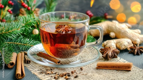 A warm and inviting image of ginger tea in a glass cup, with ginger root and cinnamon sticks nearby.