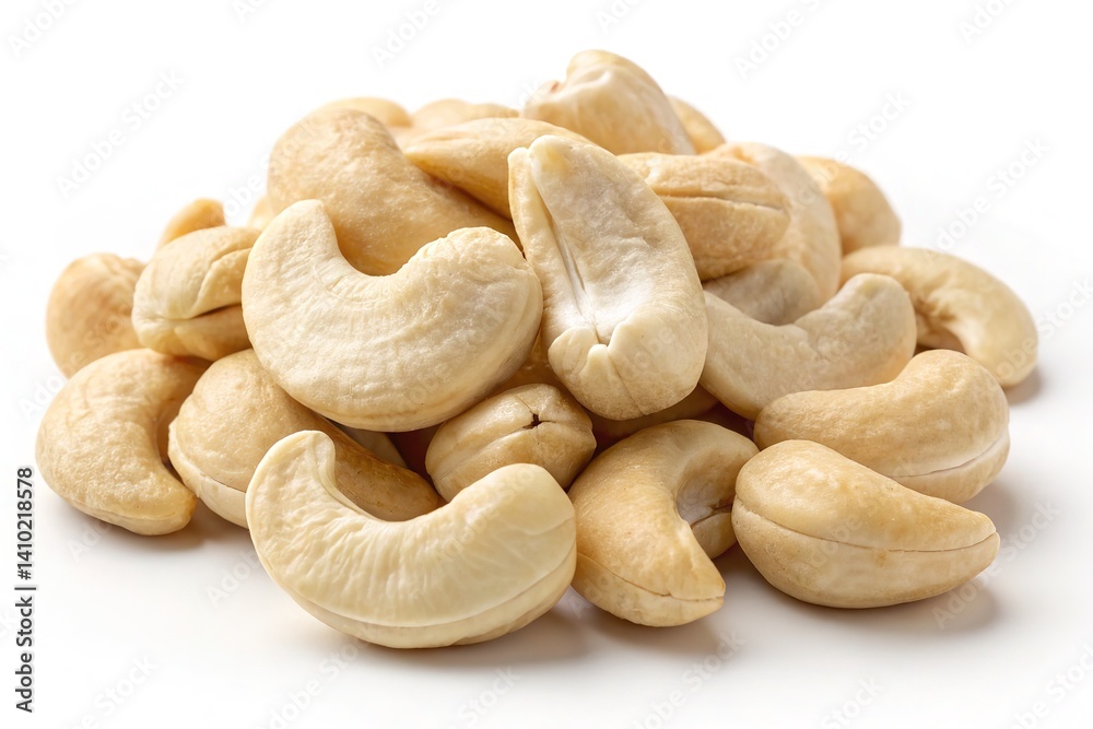 A heap of fresh, raw cashews beautifully displayed against a clean, plain white background. A heap of fresh, raw cashews beautifully displayed against a clean, plain white background.