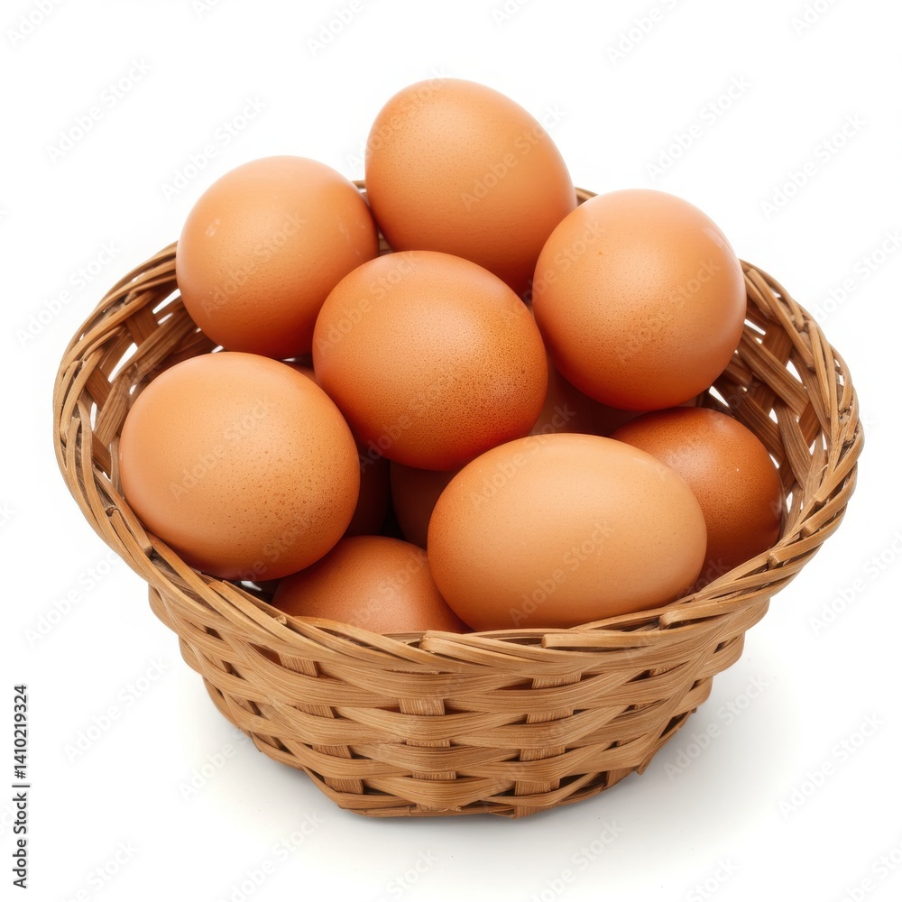 A basket filled with brown eggs sitting on a white surface in a studio environment setting view A basket filled with brown eggs sitting on a white surface in a studio environment setting view