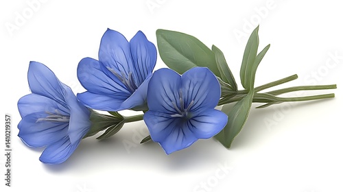 Three delicate blue flowers with green leaves