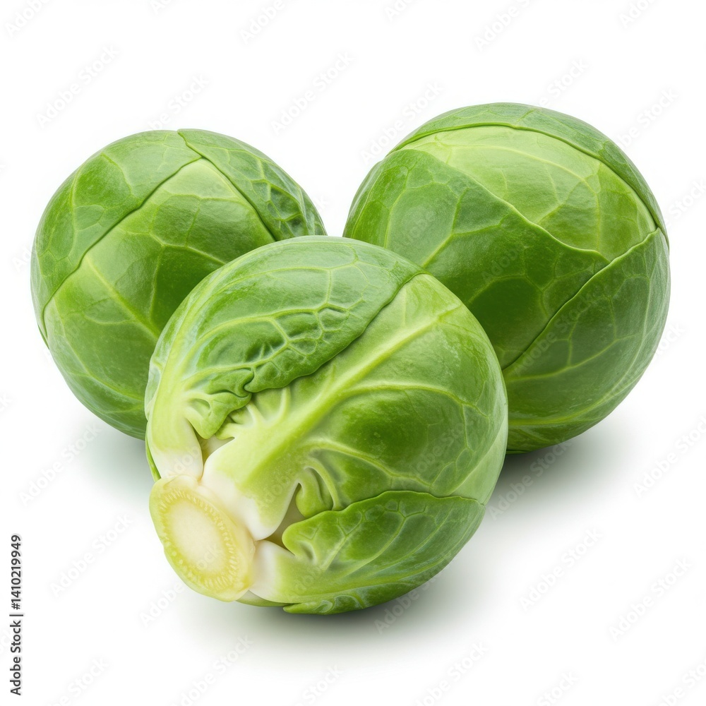 Fototapeta premium A close up shot of three green brussel sprouts on a white background in a studio setting today