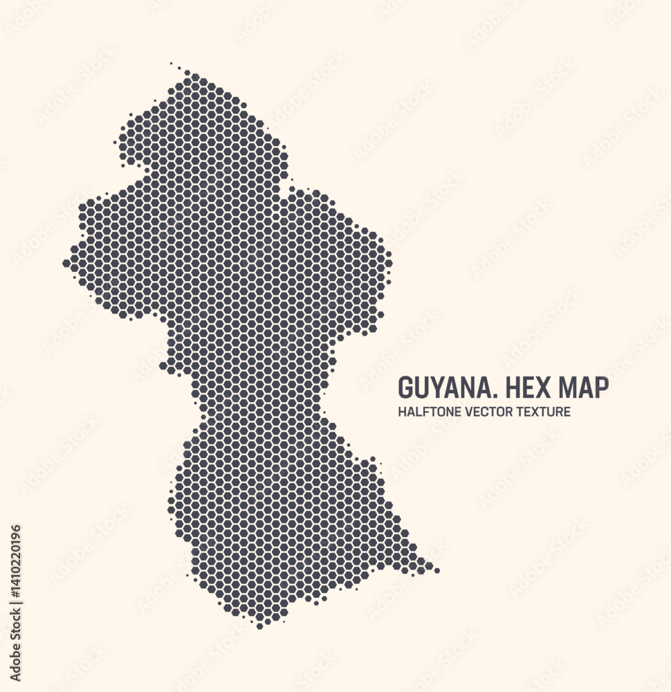 Fototapeta premium Guyana map vector hexagonal half tone pattern isolate on light background. Hex texture in the form of a map of Guyana. Modern technological contour map of Guyana for design or business projects