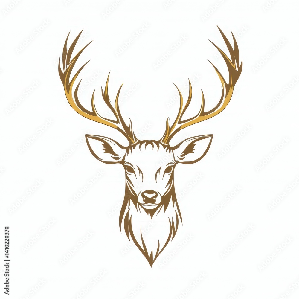 Stylized illustration of a deer head with majestic antlers in golden hues on a white background
