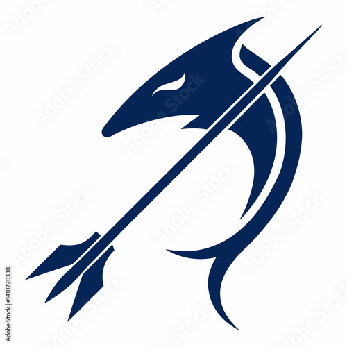 Navy Blue Shark Silhouette Pierced By Trident On White Background Ocean Predator Marine Emblem Spear